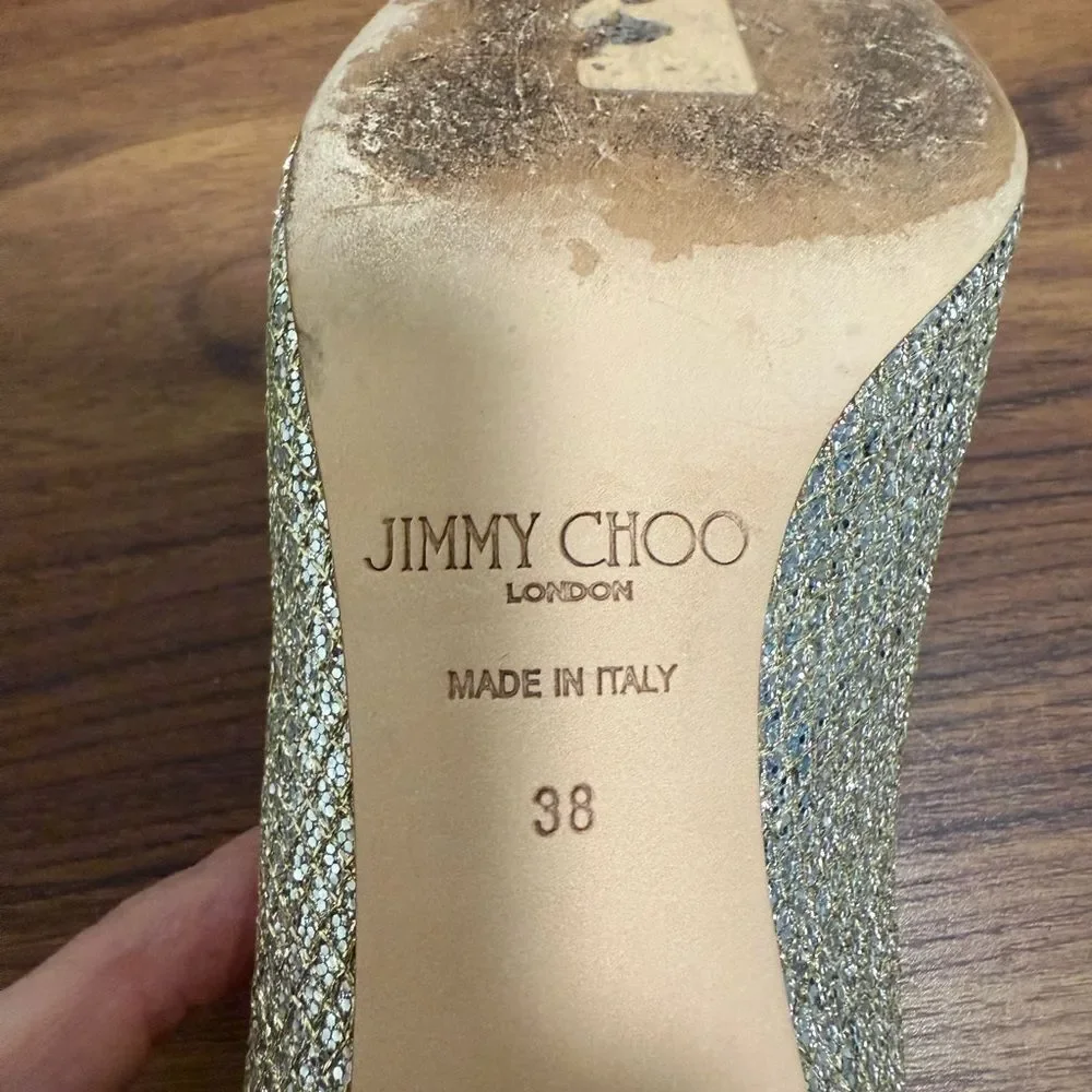 Jimmy Choo Isabel Metallic Gold/Champagne Glitter Peep Toe Pump. Size 38. - Picture 8 of 8